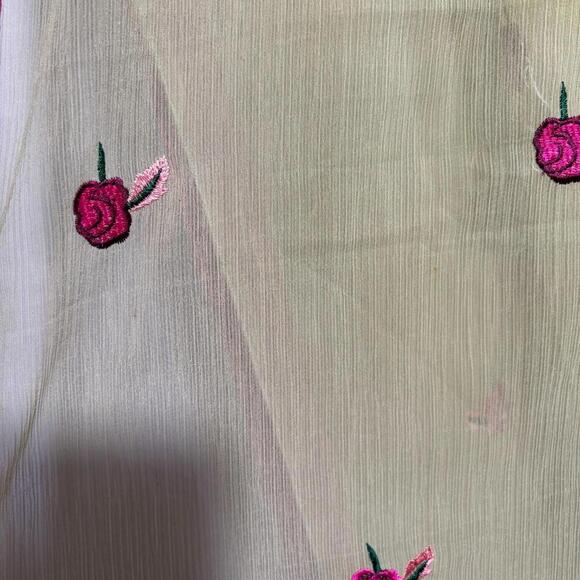Green Chiffon Silk Scarf Wrap Pink Embroidered Flowers Red Velvet Trim * - Picture 3 of 10